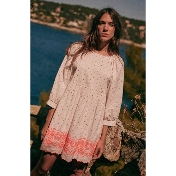 Sezane Grace Embroidery Midi Dress Large 44 Ballon Sleeves Linen Polka Dots Bows - Picture 3 of 16